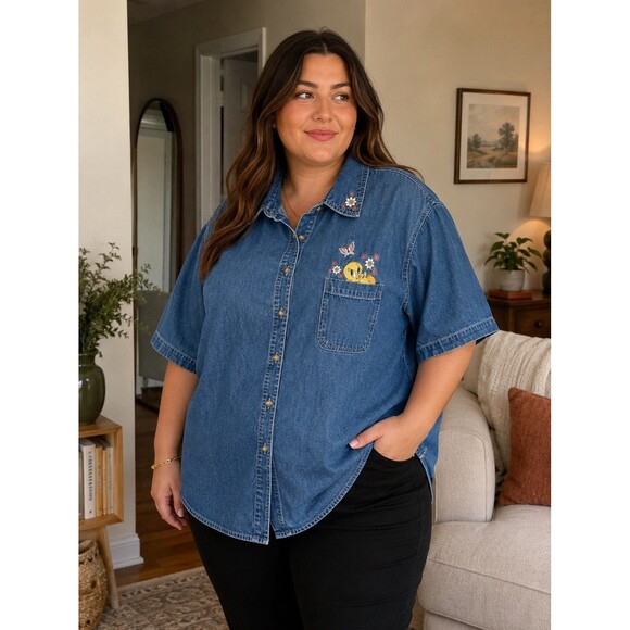 Warner Bros. Tops - Warner Bro Looney-Tunes 1998 Chambray Embroidered Denim Button Up Shirt 26W/28W